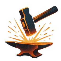 Molten orange hammer striking an anvil with sparks representing effort and craft