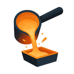 Molten orange crucible pouring glowing metal into a mold
