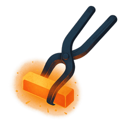 Molten orange ingot held by tongs representing controlled shaping of raw material